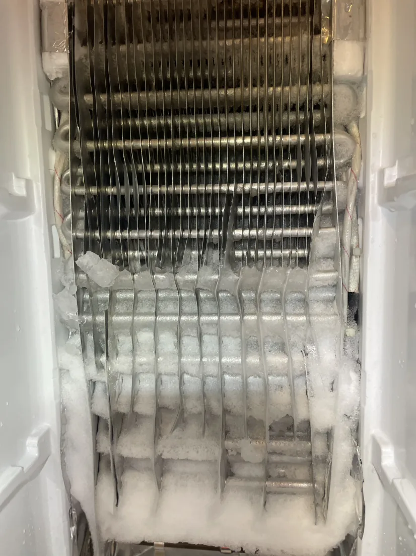 Refrigerator evaporator coil visible behind an internal panel