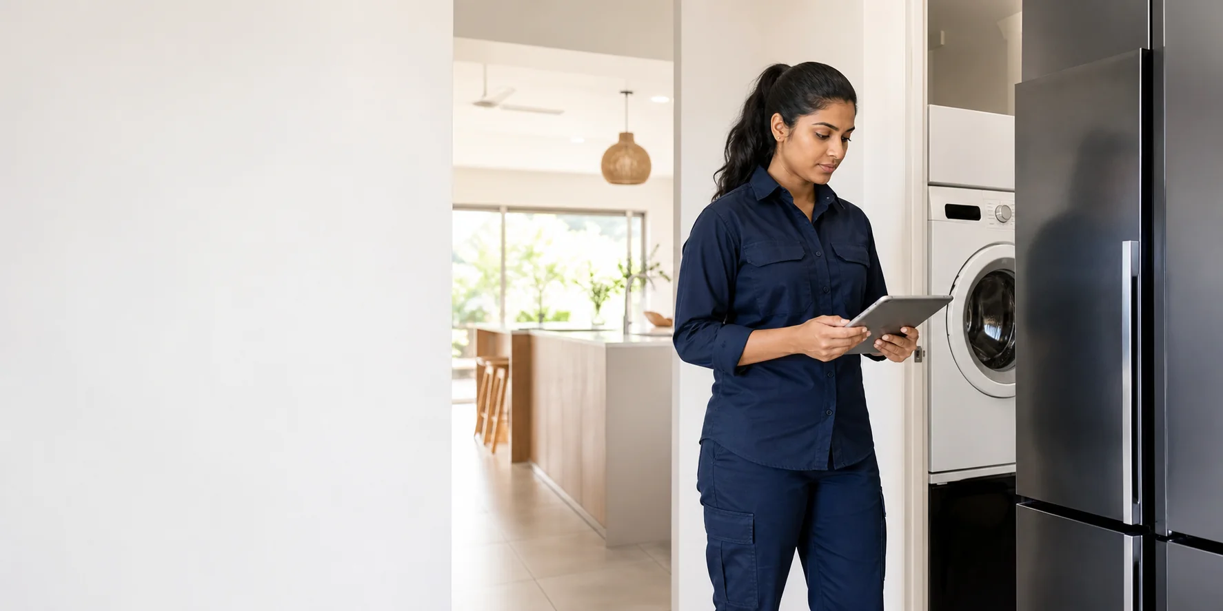 Supporting visual of a technician reviewing appliance service details in a Brisbane home